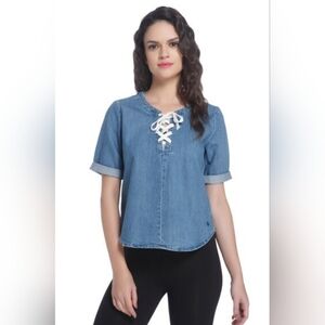 Only Denim Lace Up Neckline Short Sleeve Top S
